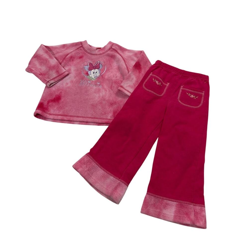 Disney Vintage Minnie Mouse 2 Piece Outfit Set Pink Fleece 24M Girly Embroidered
